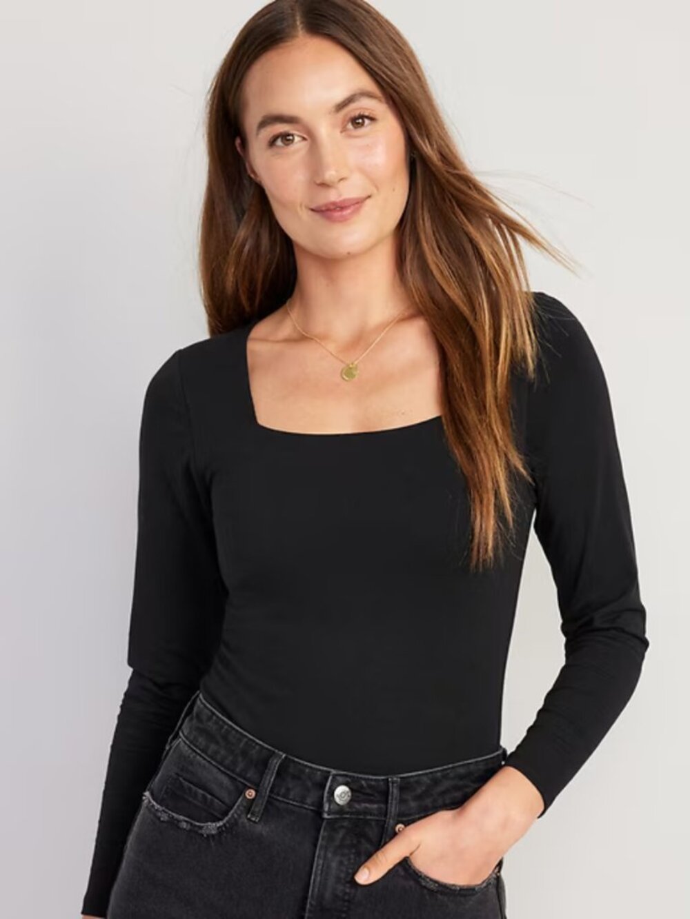 Old Navy Long-Sleeve Square-Neck Bodysuit Black Jack XXL